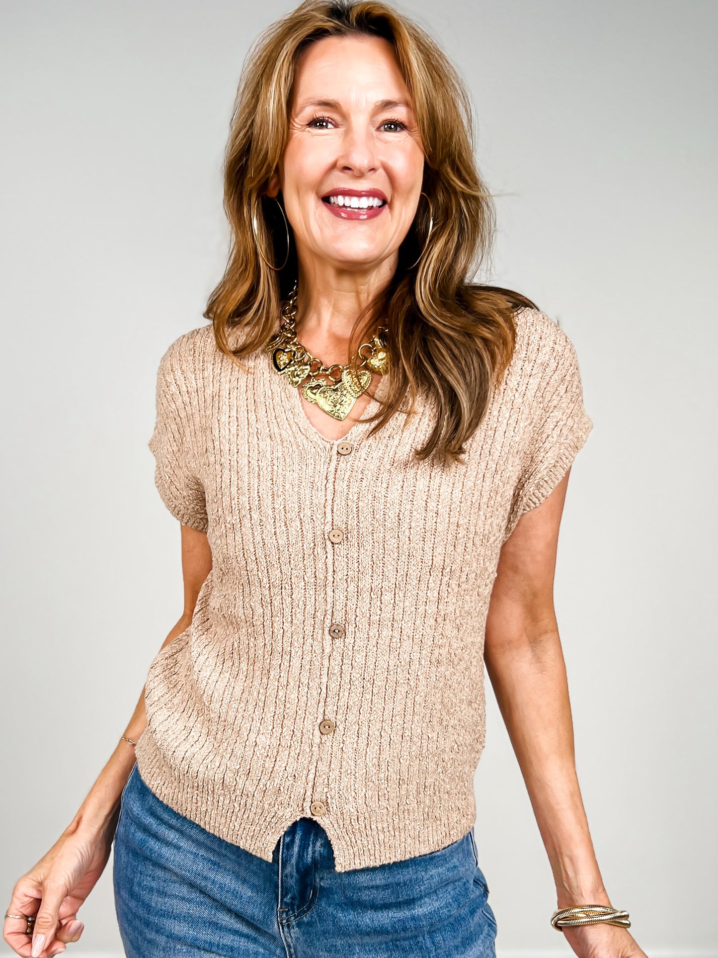 Cozy Short Sleeve Button Down Knit Sweater