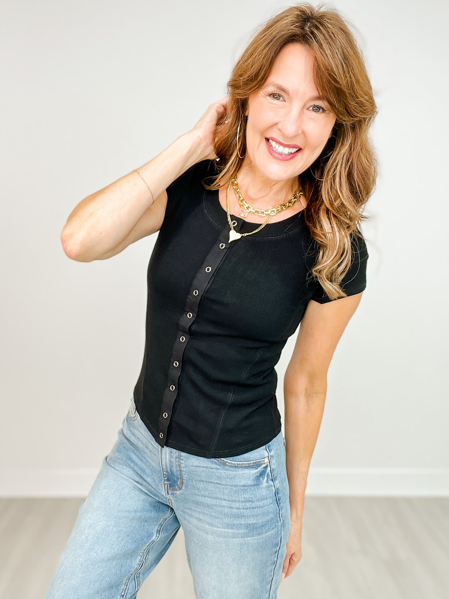 Snap Button Front Short Sleeve Top with Round Neckline