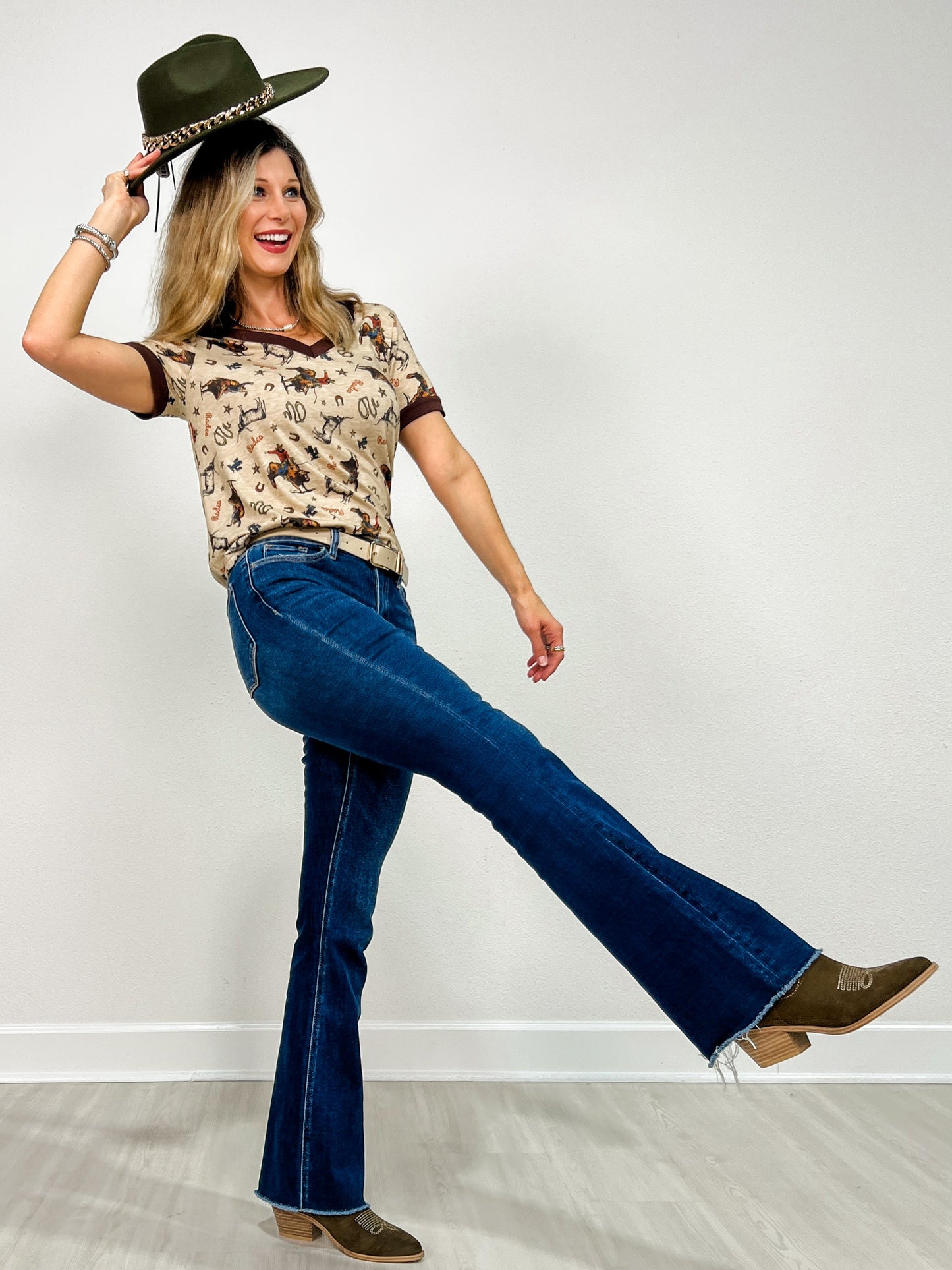 Cowboy Print V Neck Relaxed Fit Short Sleeve Top