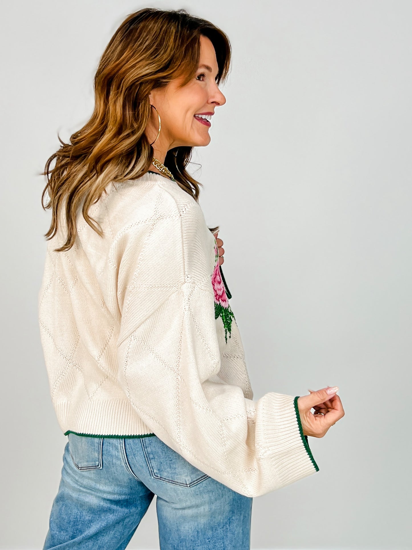 Rose Embroidery Jacquard Knit Sweater