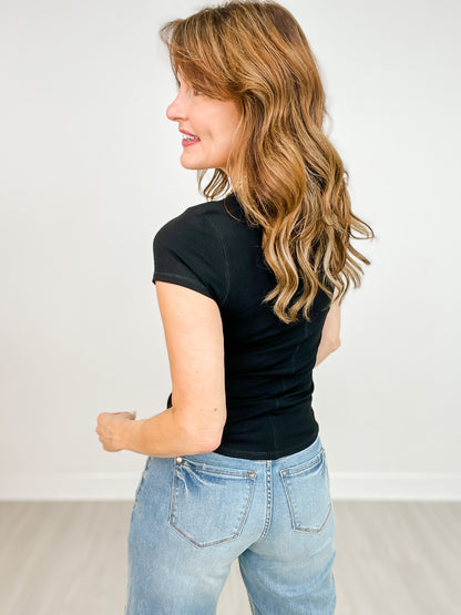 Snap Button Front Short Sleeve Top with Round Neckline