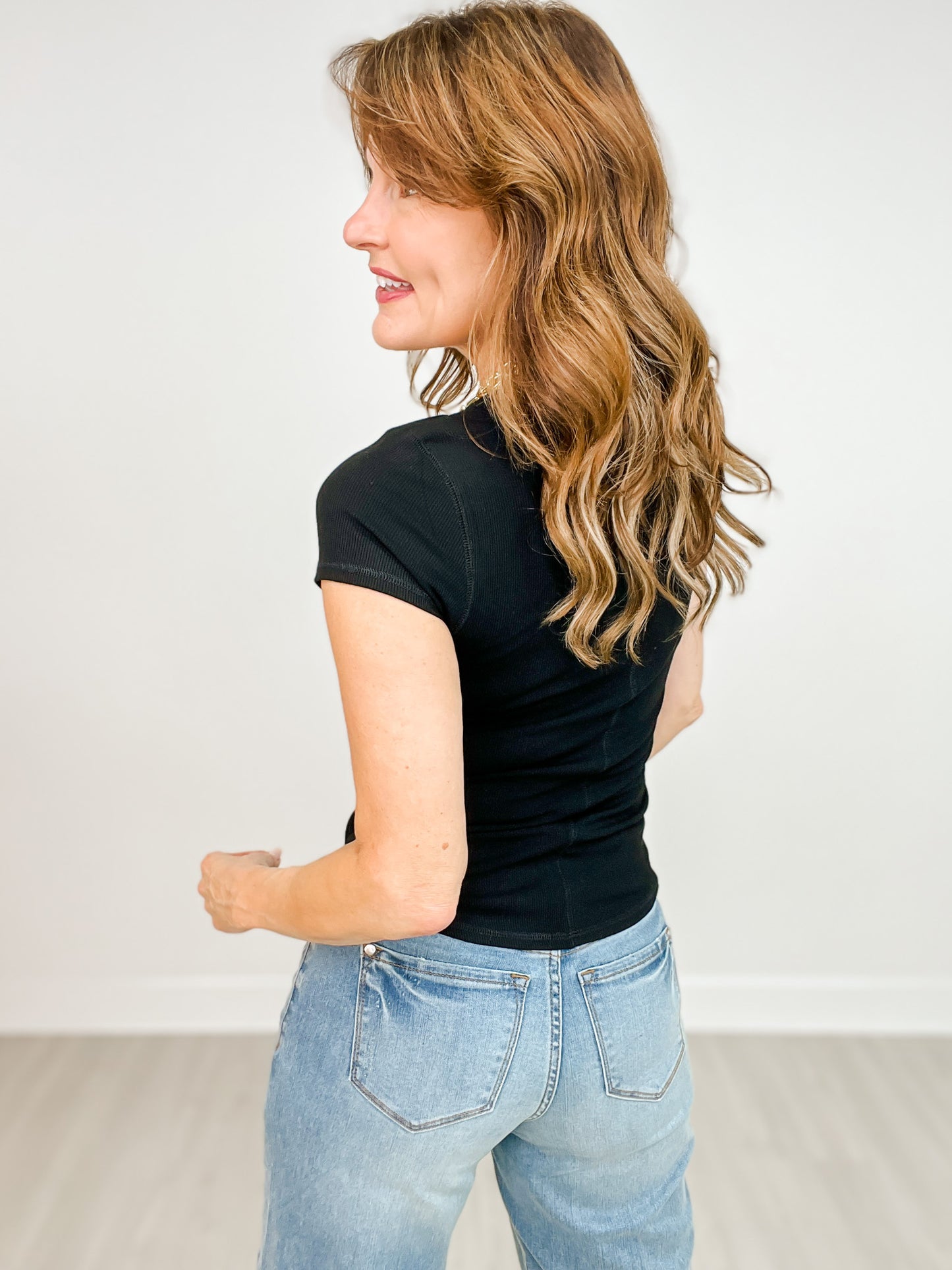 Snap Button Front Short Sleeve Top with Round Neckline