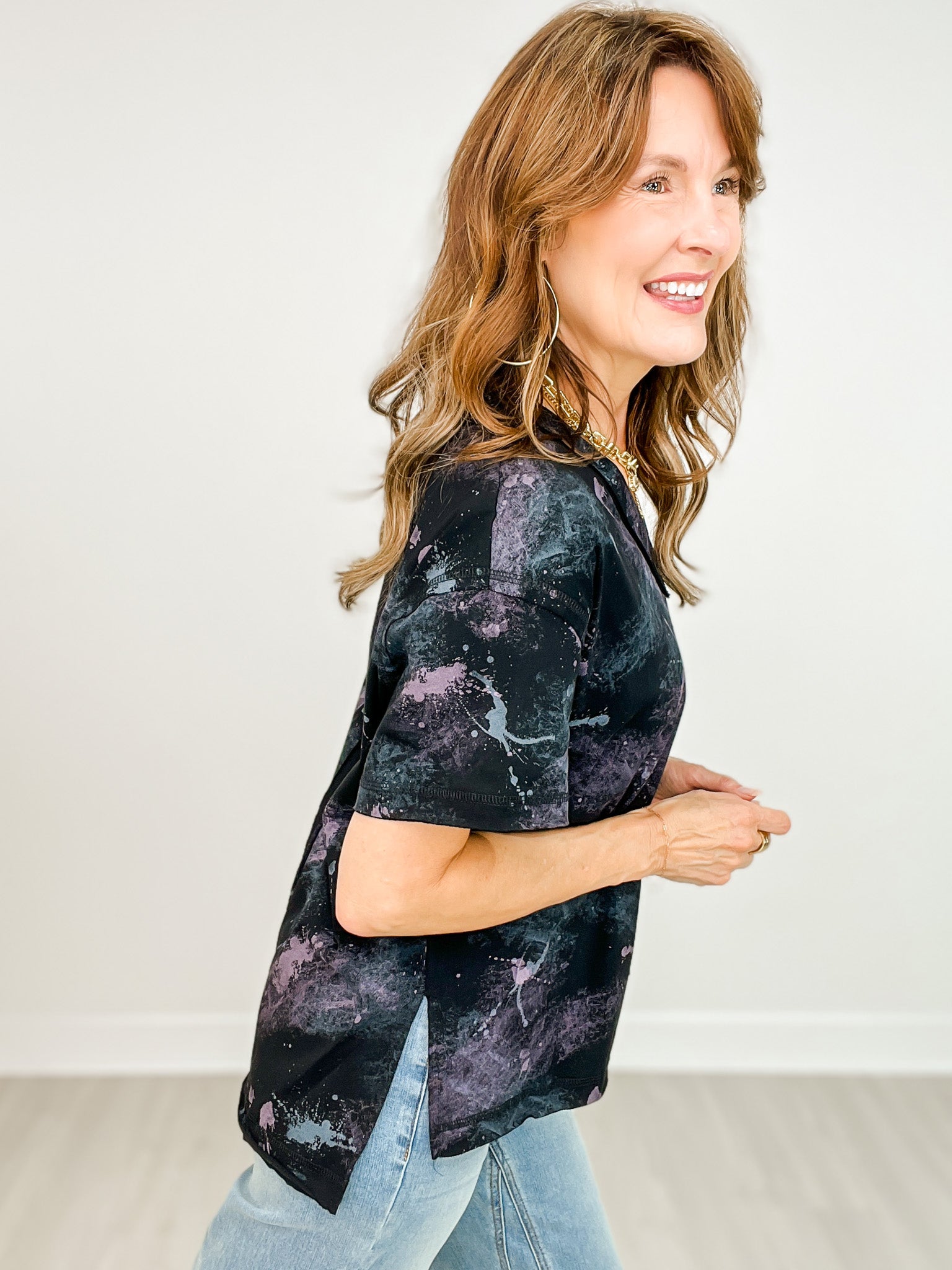 Short Sleeve Paint Splatter Print Knit Top