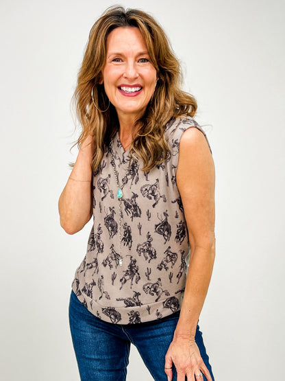 Bucking Horses Print Knit Sleeveless V-Neck Top