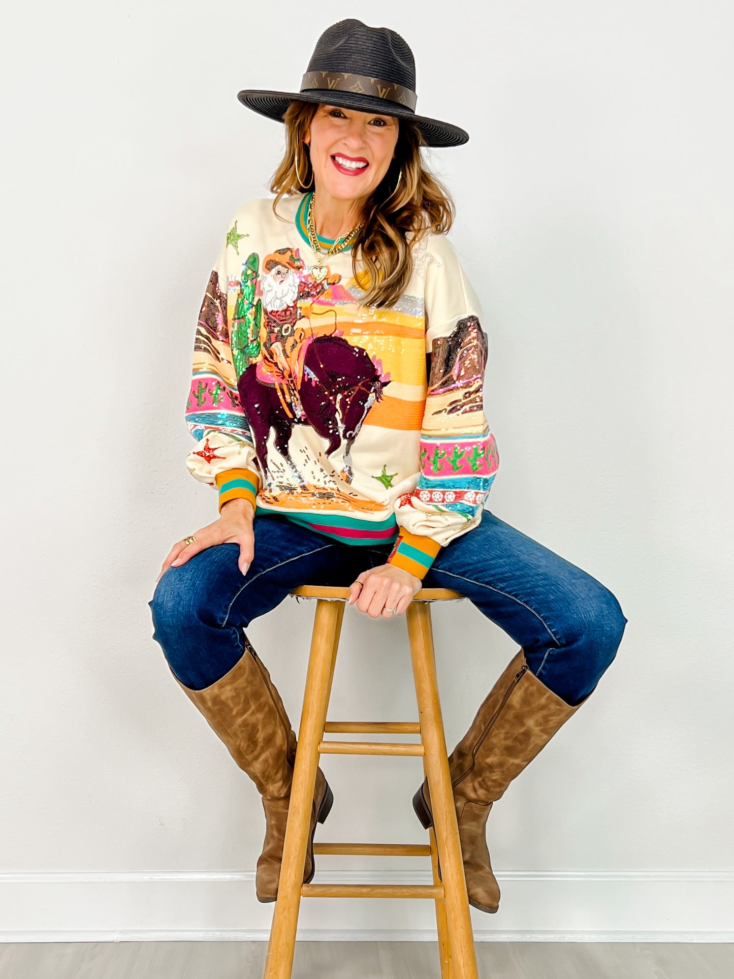 Queen of Sparkles Vintage Cowboy Santa Sweatshirt