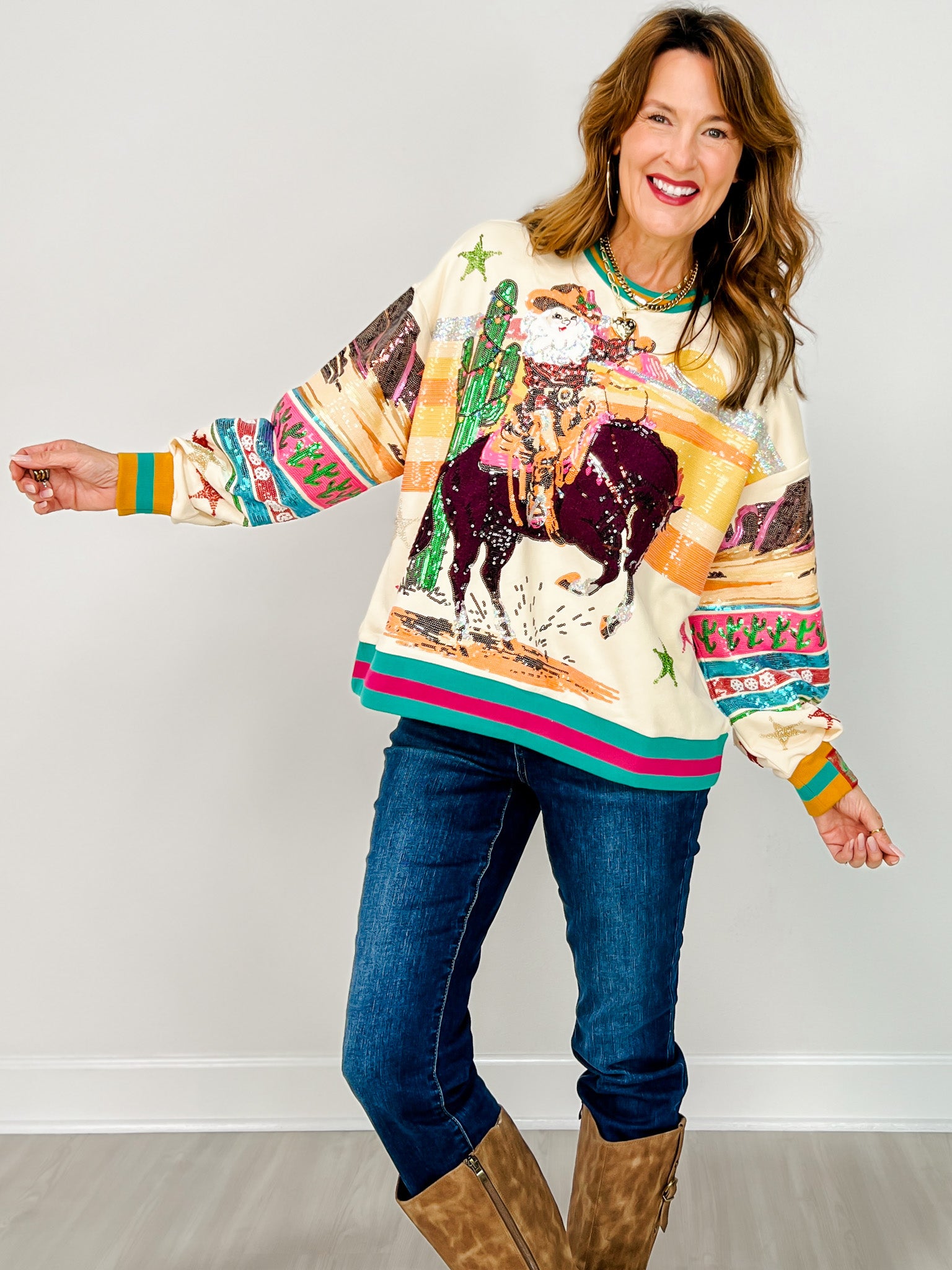 Queen of Sparkles Vintage Cowboy Santa Sweatshirt