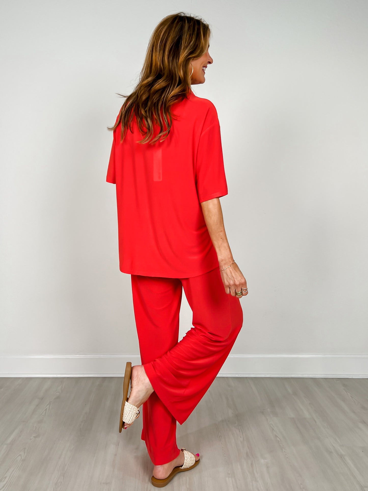 Ocean Tide Short Sleeve Top with Matching Bottoms in Tomato Red