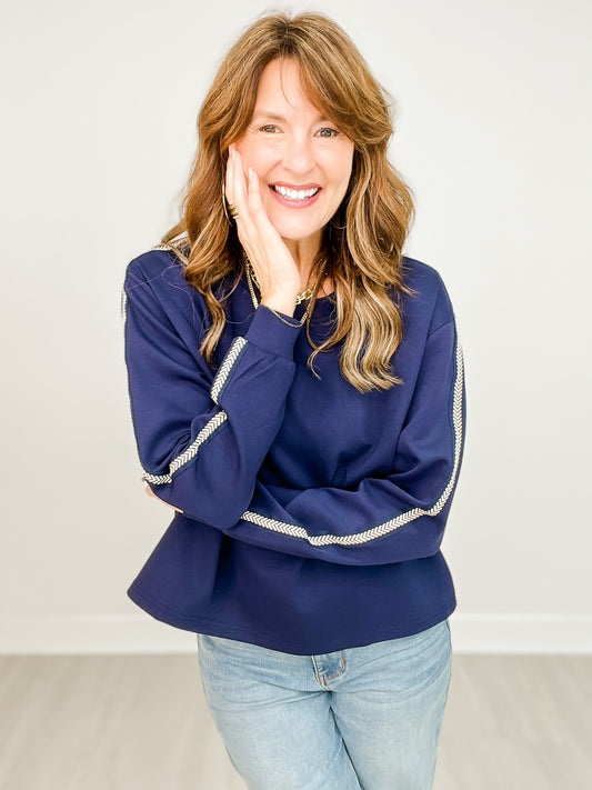 Long Sleeve Solid Knit Top with Arm Stitch Detail