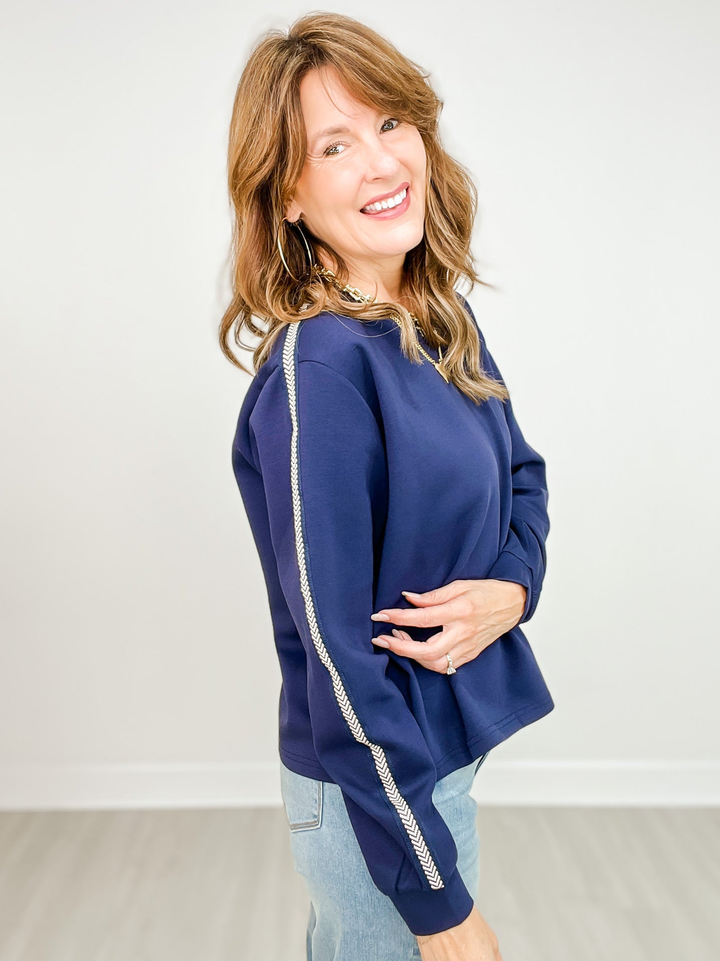 Long Sleeve Solid Knit Top with Arm Stitch Detail