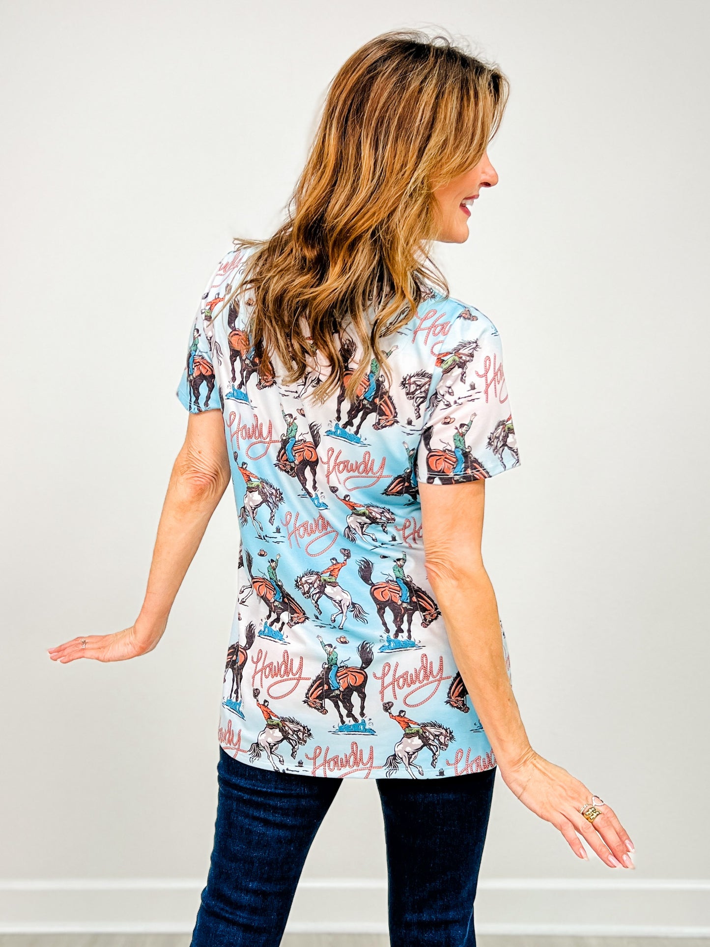 Western Howdy Print V Neck Top