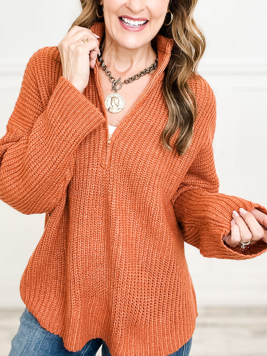 Long Sleeve Knit Sweater with Half Zipper