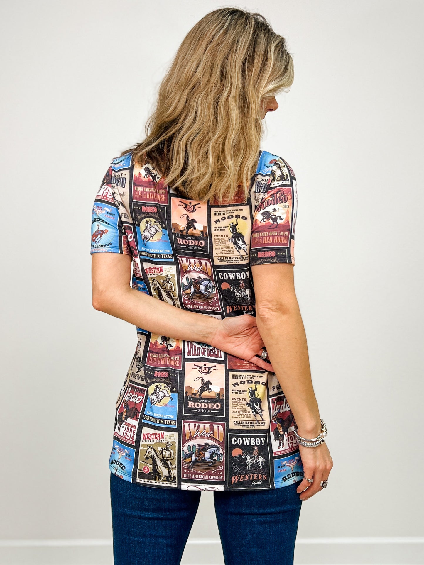 Vintage Western Print V-Neck Top