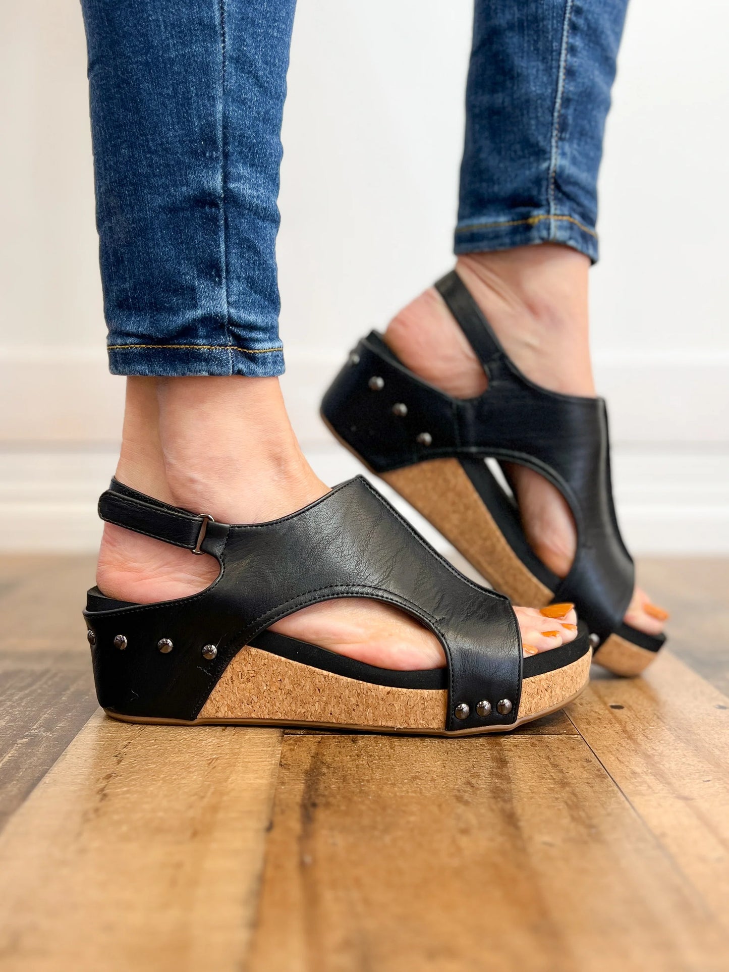 Corkys Volta II Wedge Sandals in Black Smooth