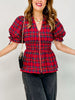 Plaid Short Puff Sleeve Smocked Waist with Zipper Front Top