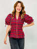 Plaid Short Puff Sleeve Smocked Waist with Zipper Front Top