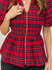 Plaid Short Puff Sleeve Smocked Waist with Zipper Front Top