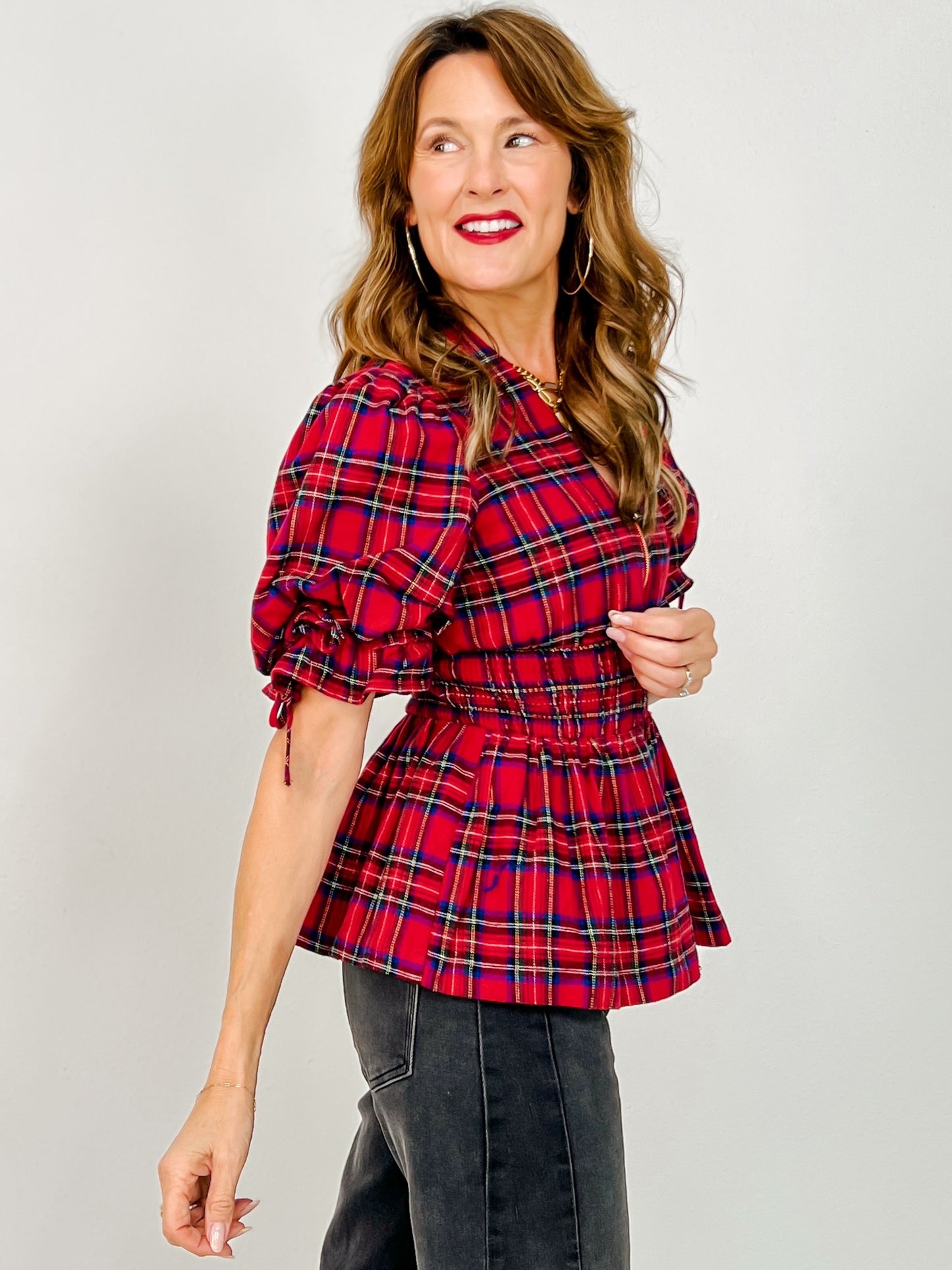Plaid Short Puff Sleeve Smocked Waist with Zipper Front Top