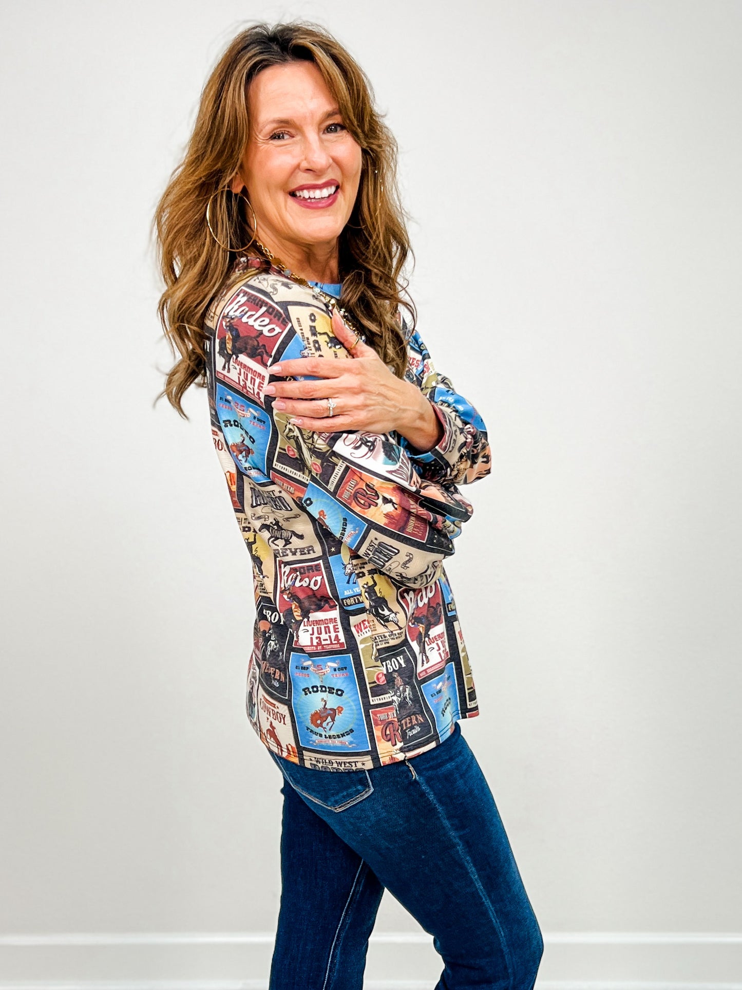 Western Print Long Sleeve Top