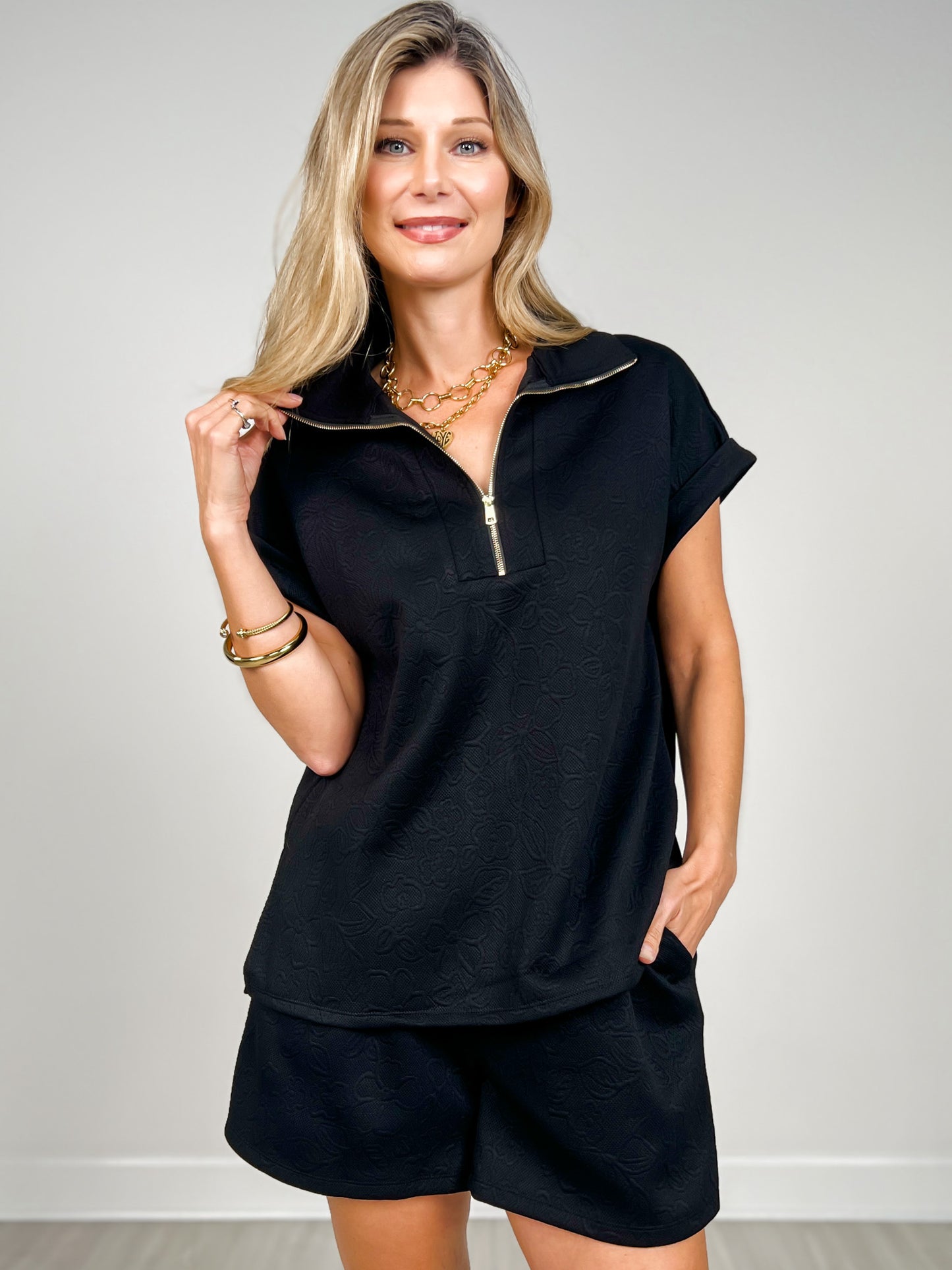 Dolman Sleeve Zipper Neckline Top with Matching Shorts Set