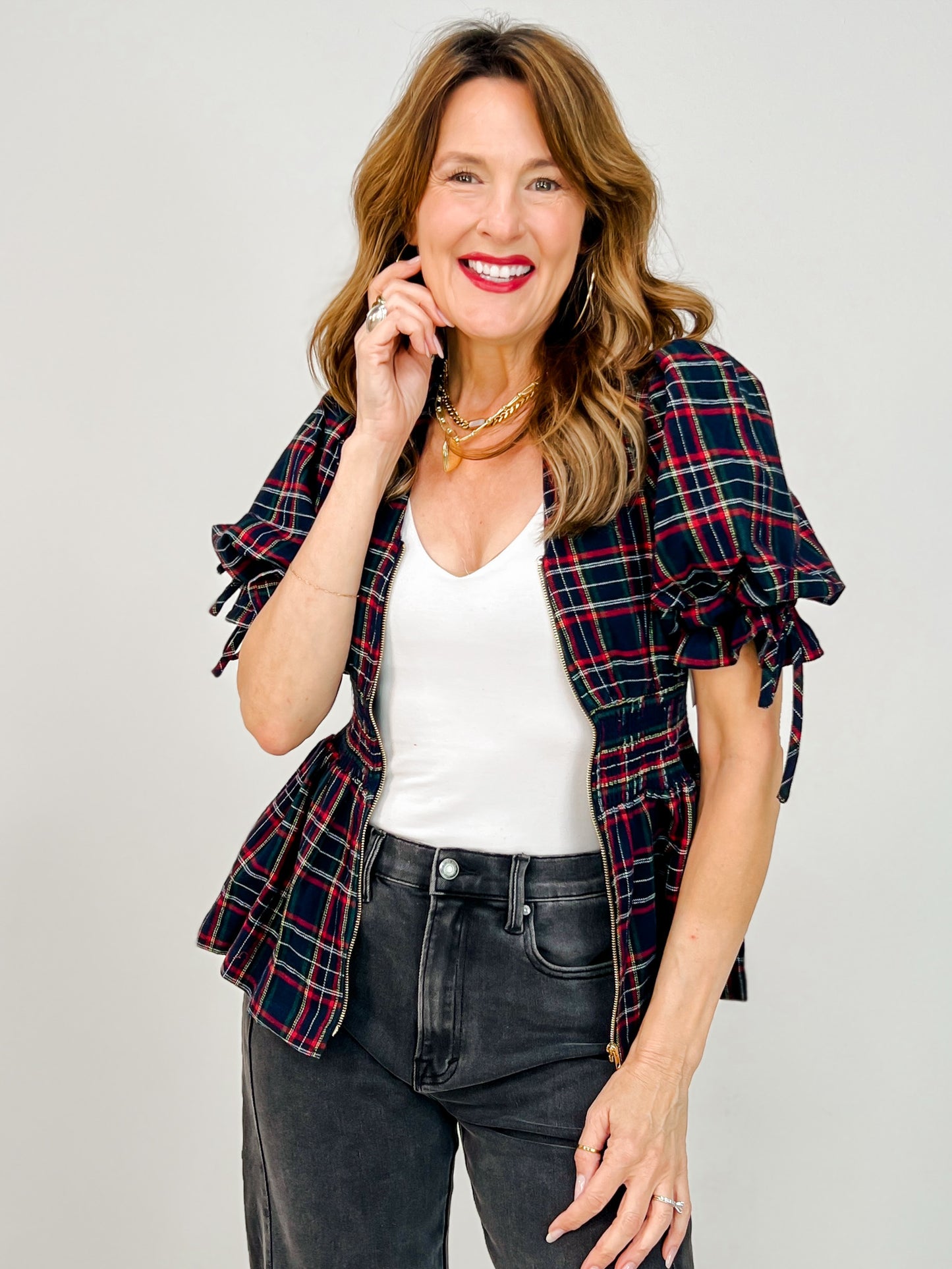 Plaid Short Puff Sleeve Smocked Waist with Zipper Front Top