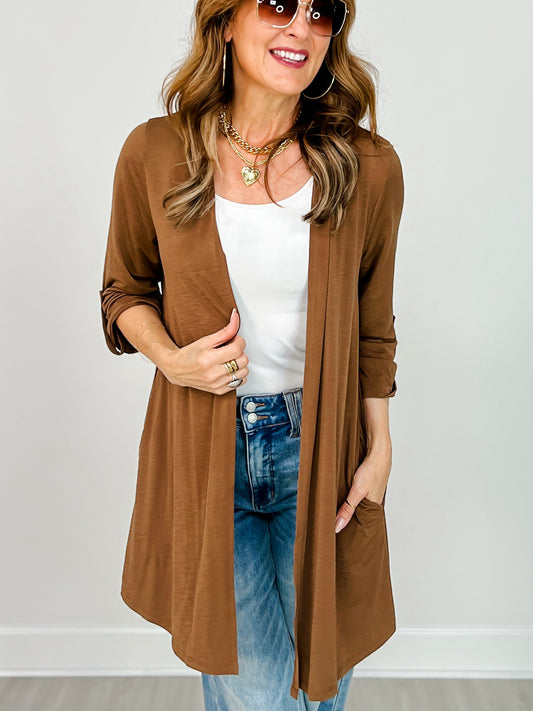 Solid Lizzy Open Front 3/4" Sleeve Cardigan in Dark Mocha
