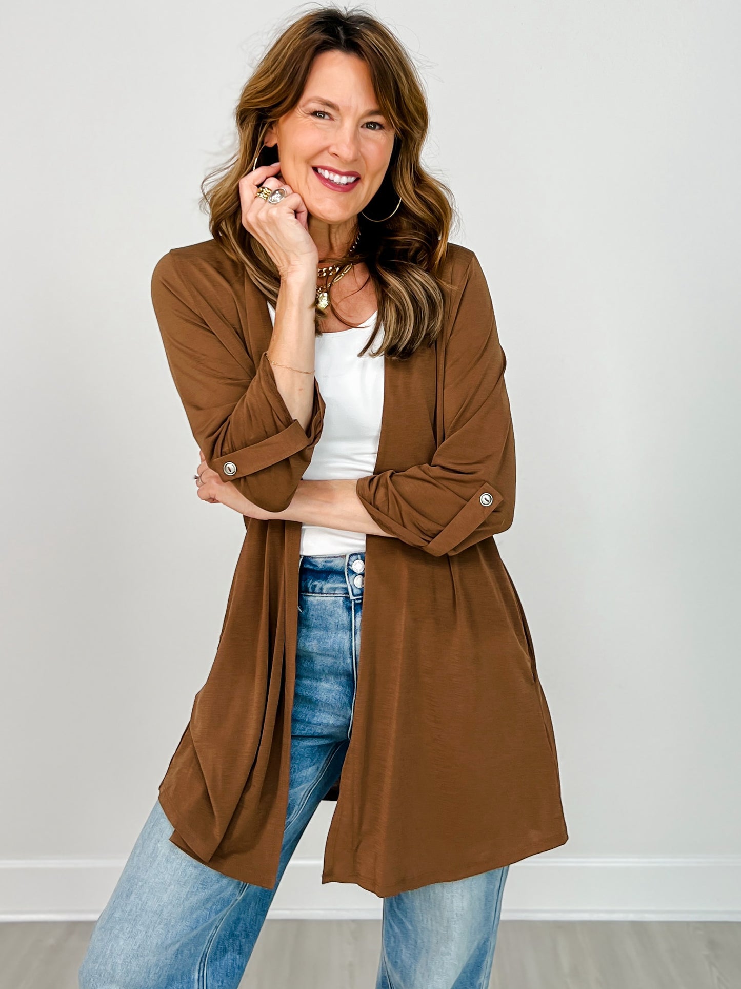 Solid Lizzy Open Front 3/4" Sleeve Cardigan in Dark Mocha