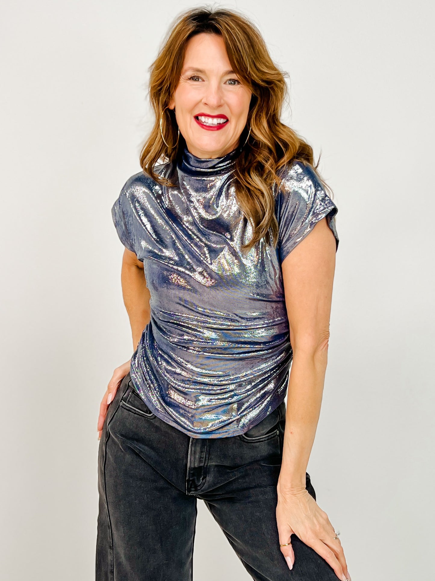 Mock Neckline Solid Short Sleeve Top with Side Ruching