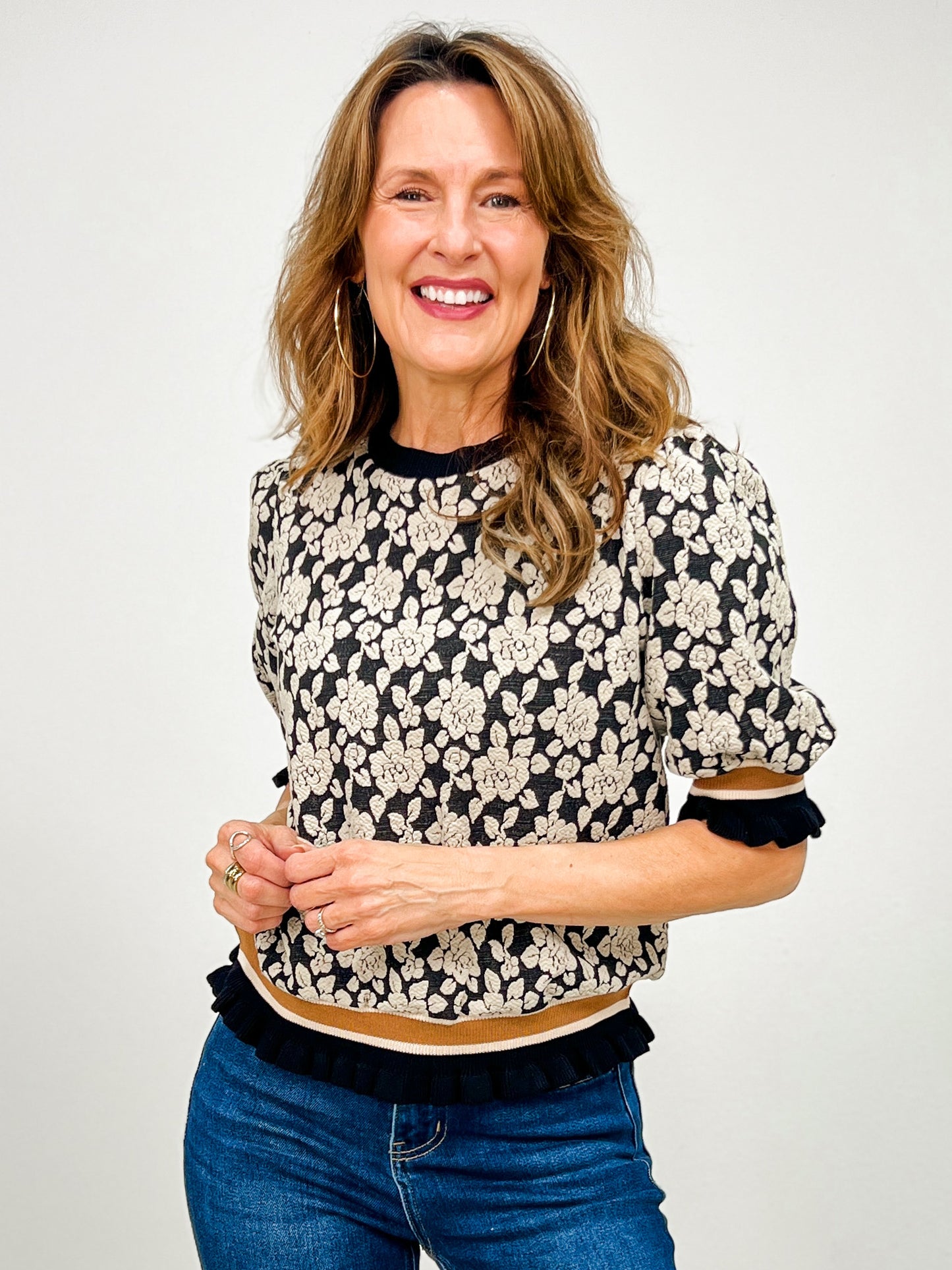 Textured Rose Knit Top with Contrast Banded Sleeves