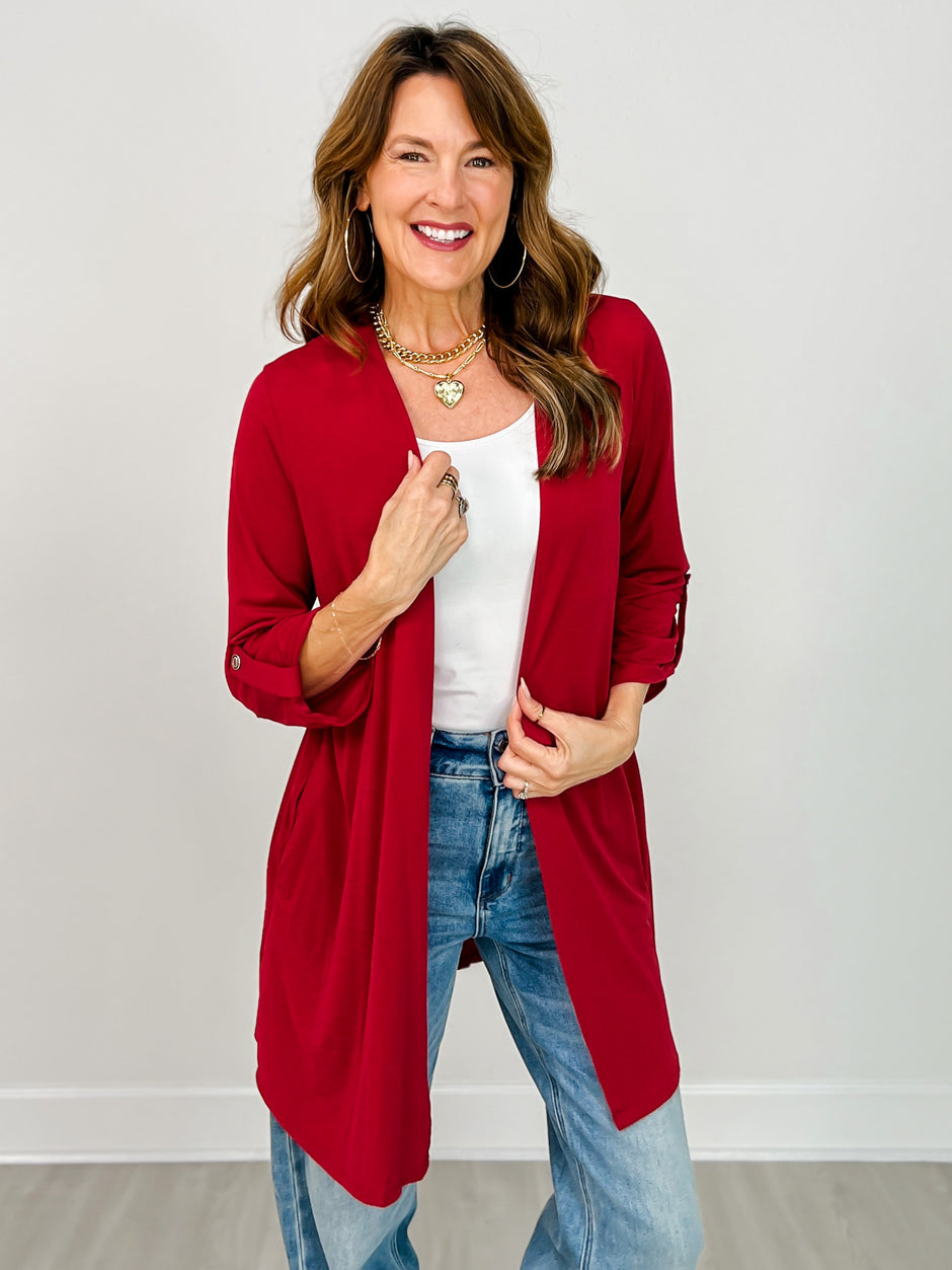 Solid Lizzy Open Front 3/4" Sleeve Cardigan in Jewel Red