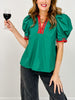 Solid Short Pleated Puff Sleeve Top with Contrast V-Neckline