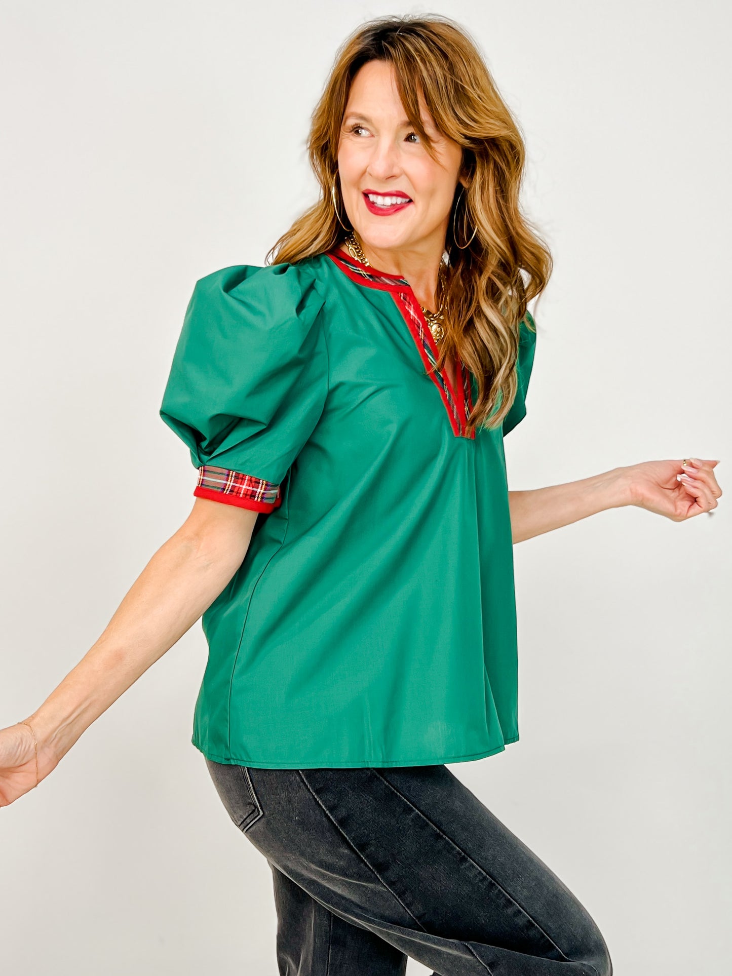 Solid Short Pleated Puff Sleeve Top with Contrast V-Neckline