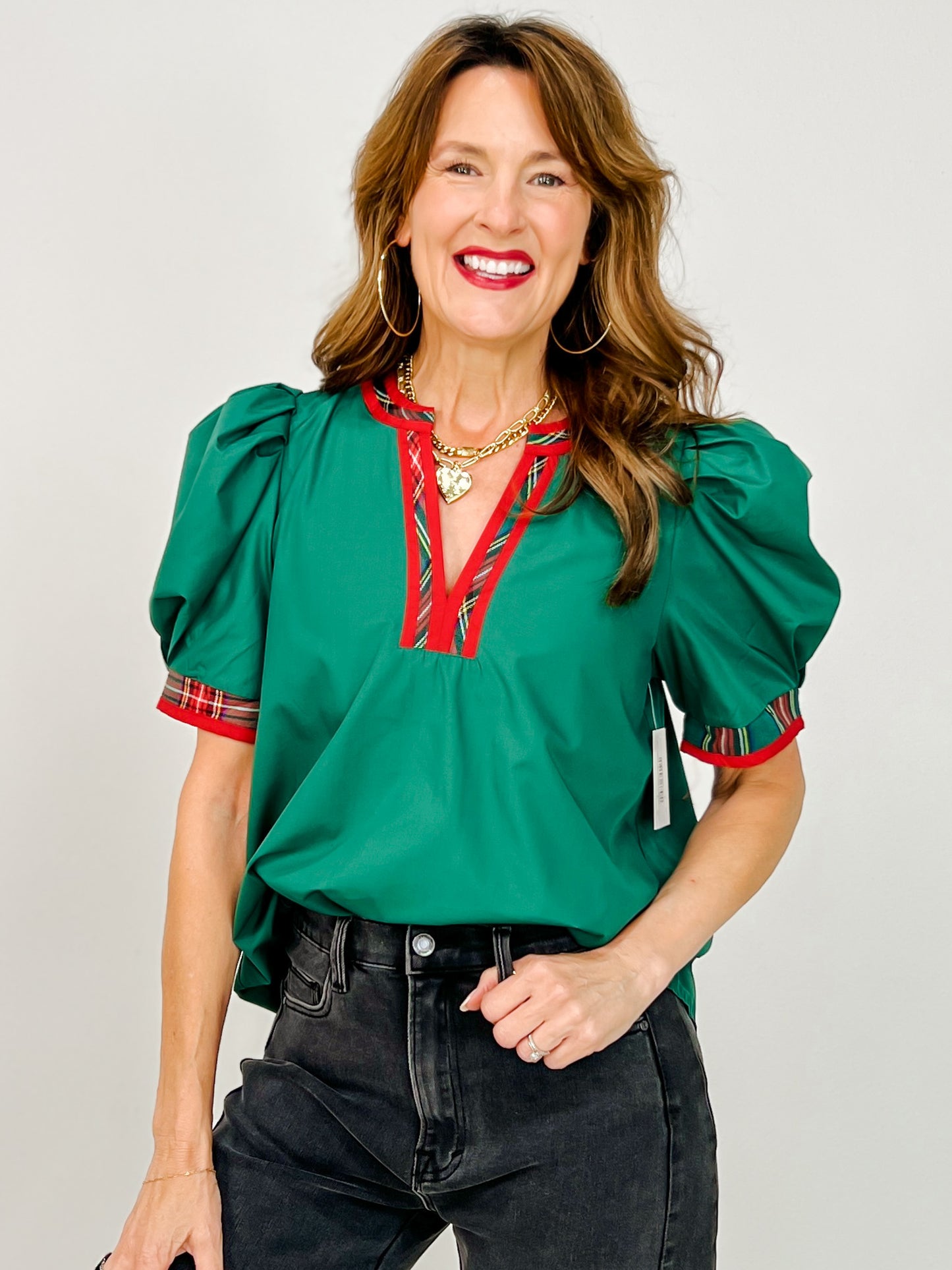 Solid Short Pleated Puff Sleeve Top with Contrast V-Neckline