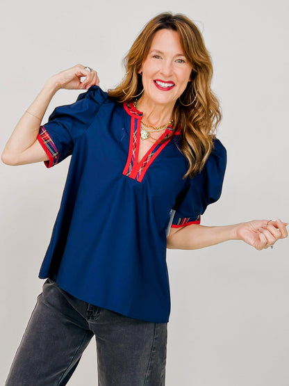 Solid Short Pleated Puff Sleeve Top with Contrast V-Neckline