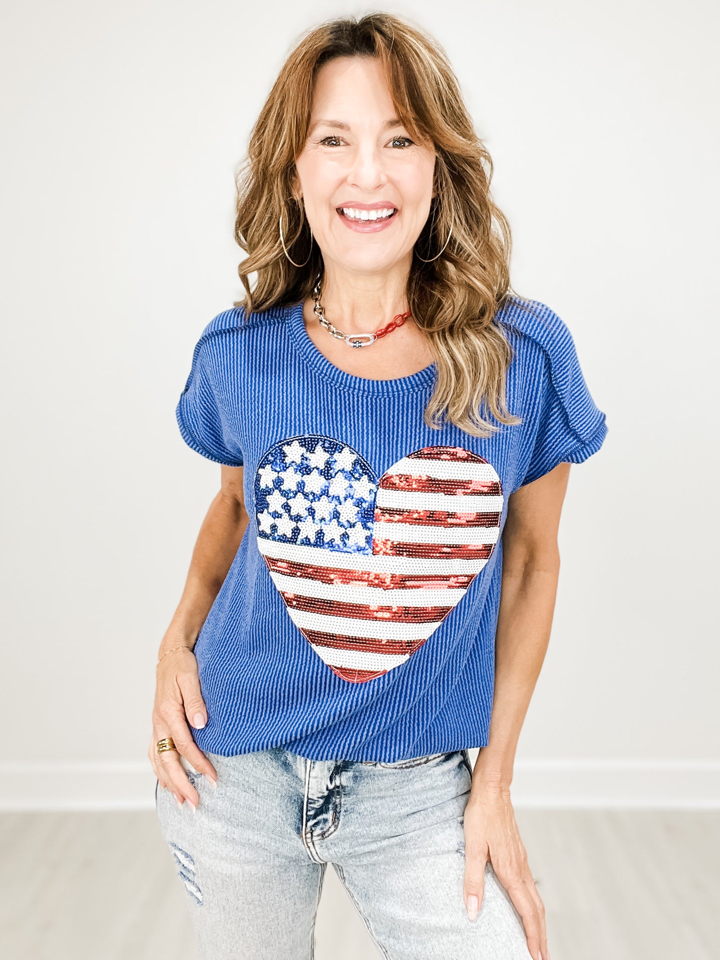 Urban Ribbed Short Sleeve Top with American Flag Heart Sequins Patch