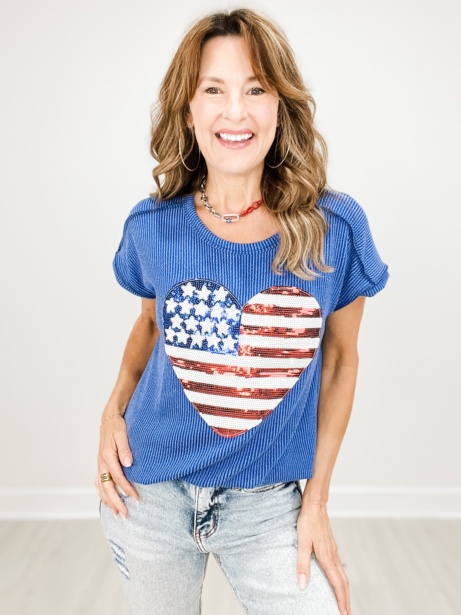 Urban Ribbed Short Sleeve Top with American Flag Heart Sequins Patch