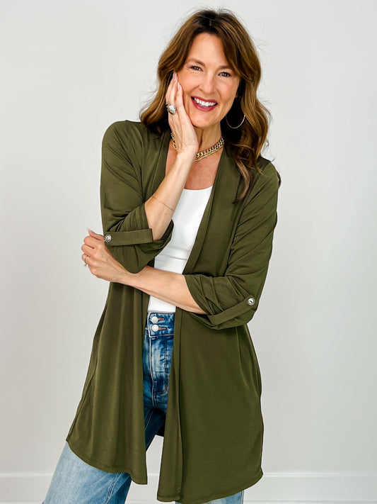 Solid Lizzy Open Front 3/4" Sleeve Cardigan in Olive
