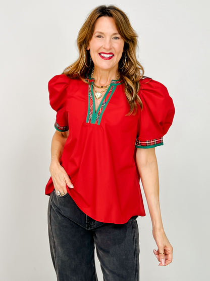 Solid Short Pleated Puff Sleeve Top with Contrast V-Neckline