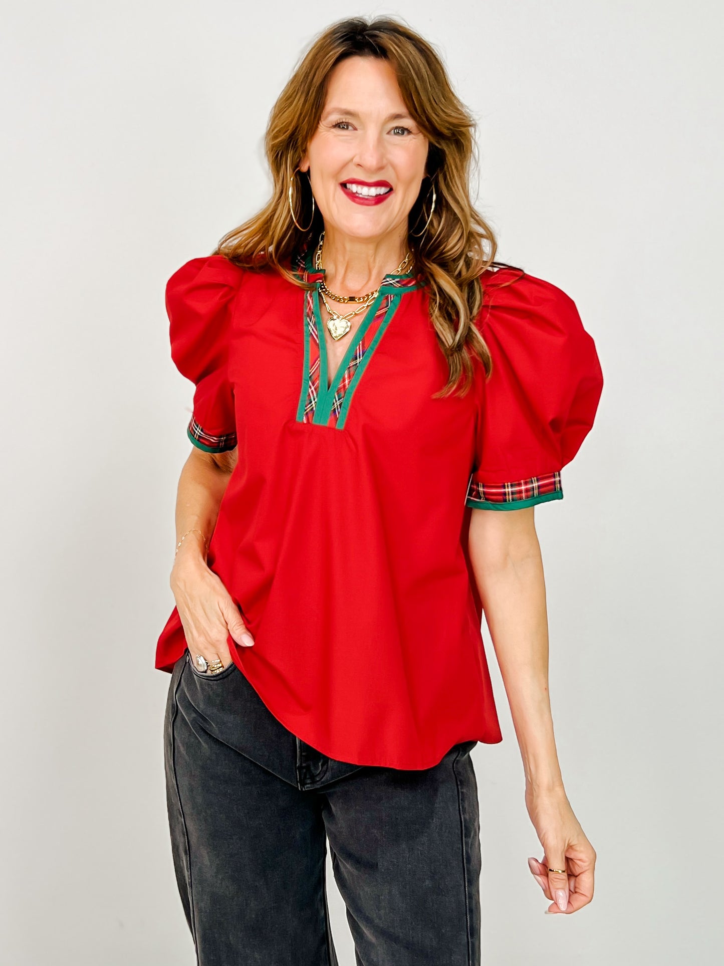 Solid Short Pleated Puff Sleeve Top with Contrast V-Neckline