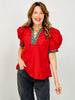 Solid Short Pleated Puff Sleeve Top with Contrast V-Neckline