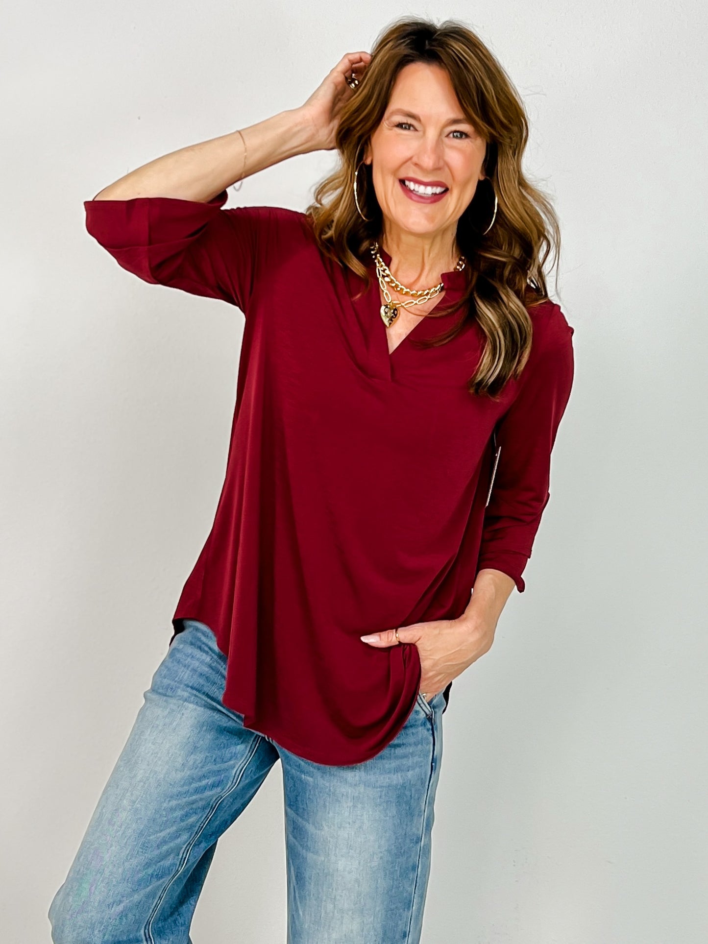 Solid Lizzy 3/4 Bell Sleeve Top in Wine