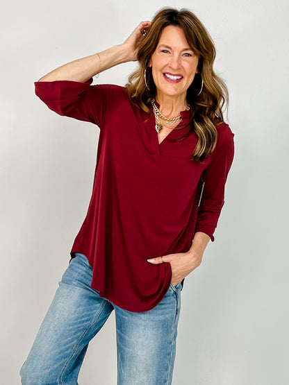 Solid Lizzy 3/4 Bell Sleeve Top in Wine