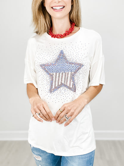 Short Sleeve Rhinestone Flag Star Top