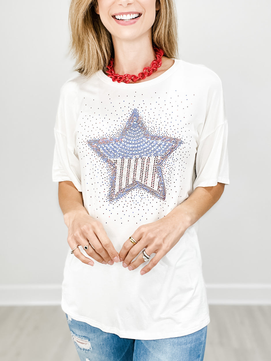 Short Sleeve Rhinestone Flag Star Top
