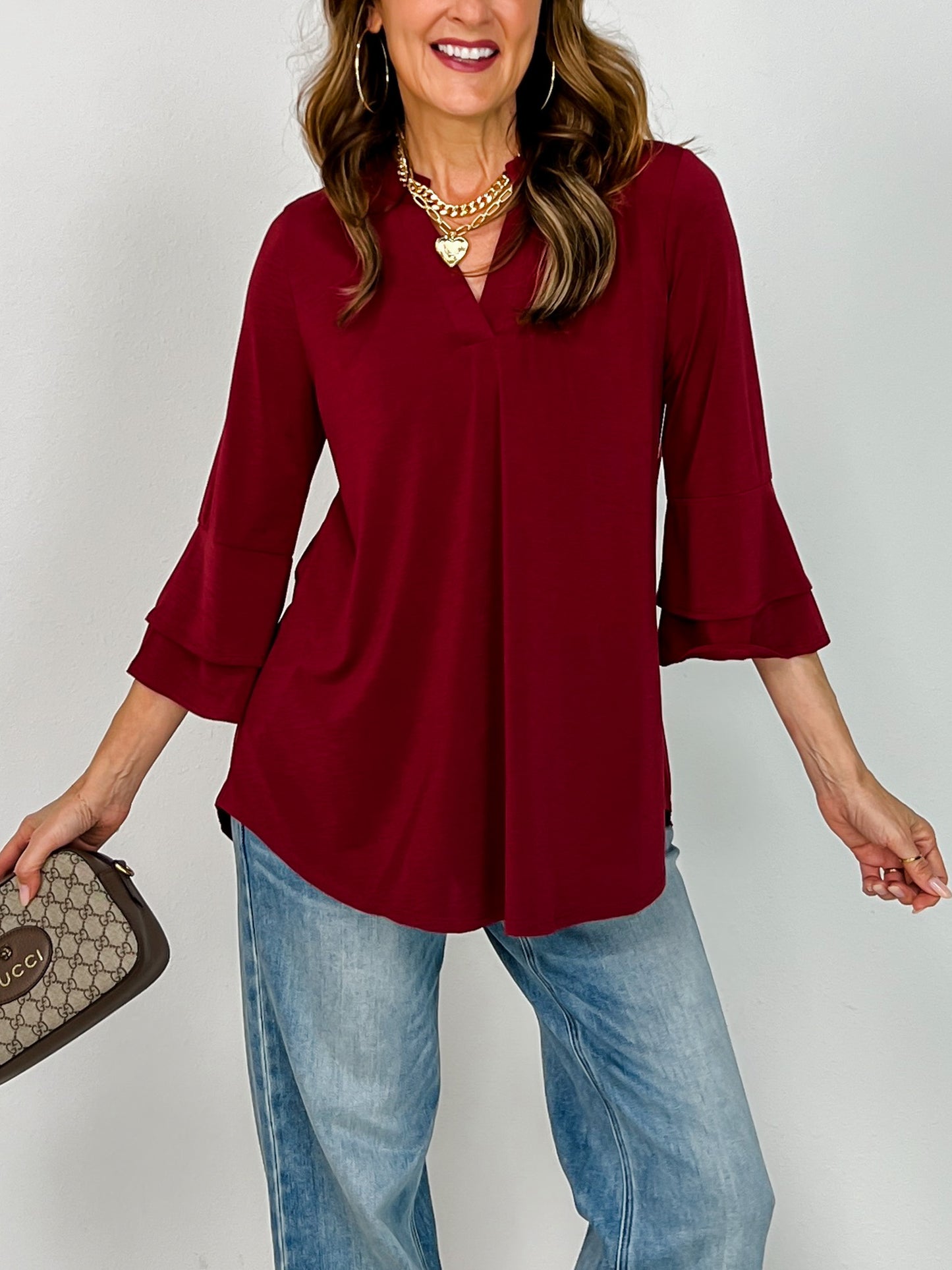 Solid Lizzy 3/4 Bell Sleeve Top in Wine