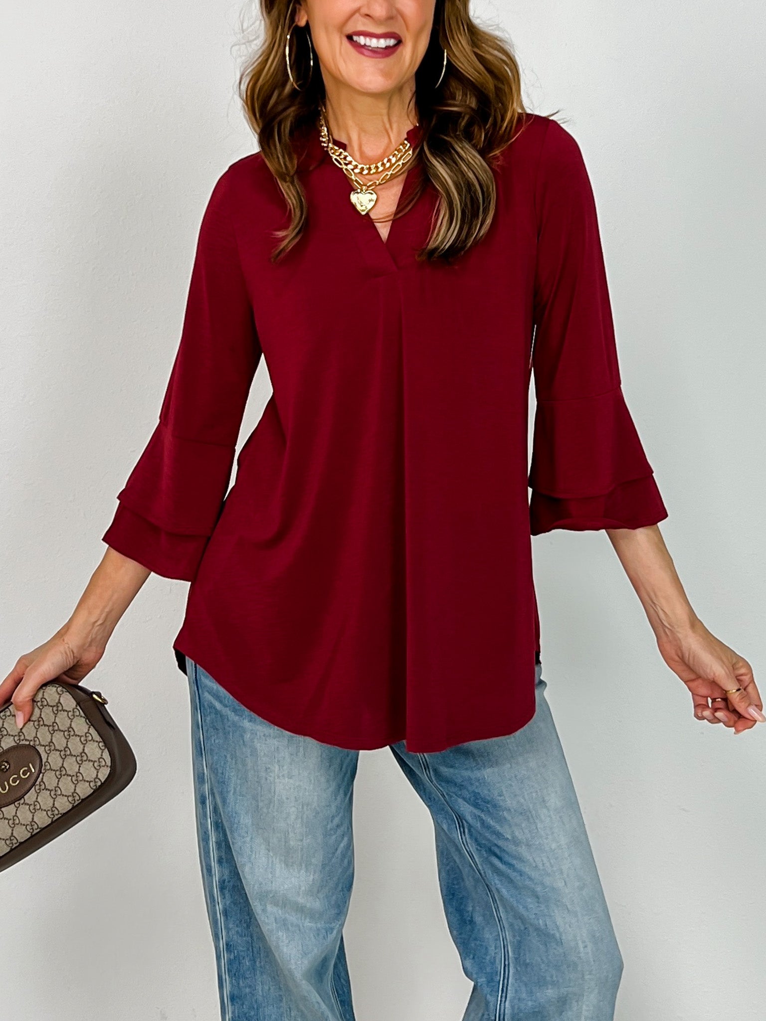 Solid Lizzy 3/4 Bell Sleeve Top in Wine