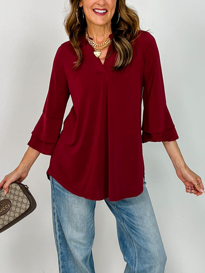 Solid Lizzy 3/4 Bell Sleeve Top in Wine