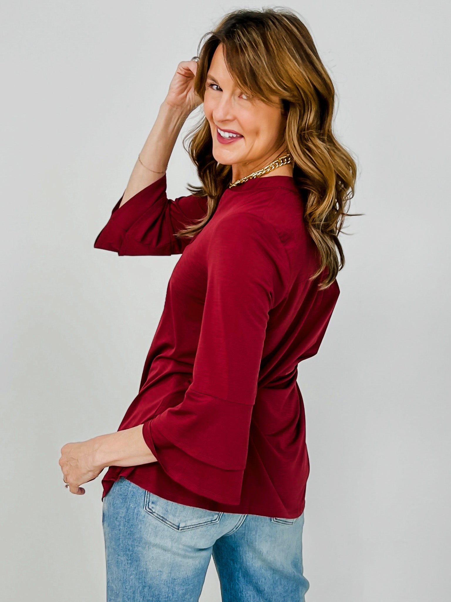 Solid Lizzy 3/4 Bell Sleeve Top in Black