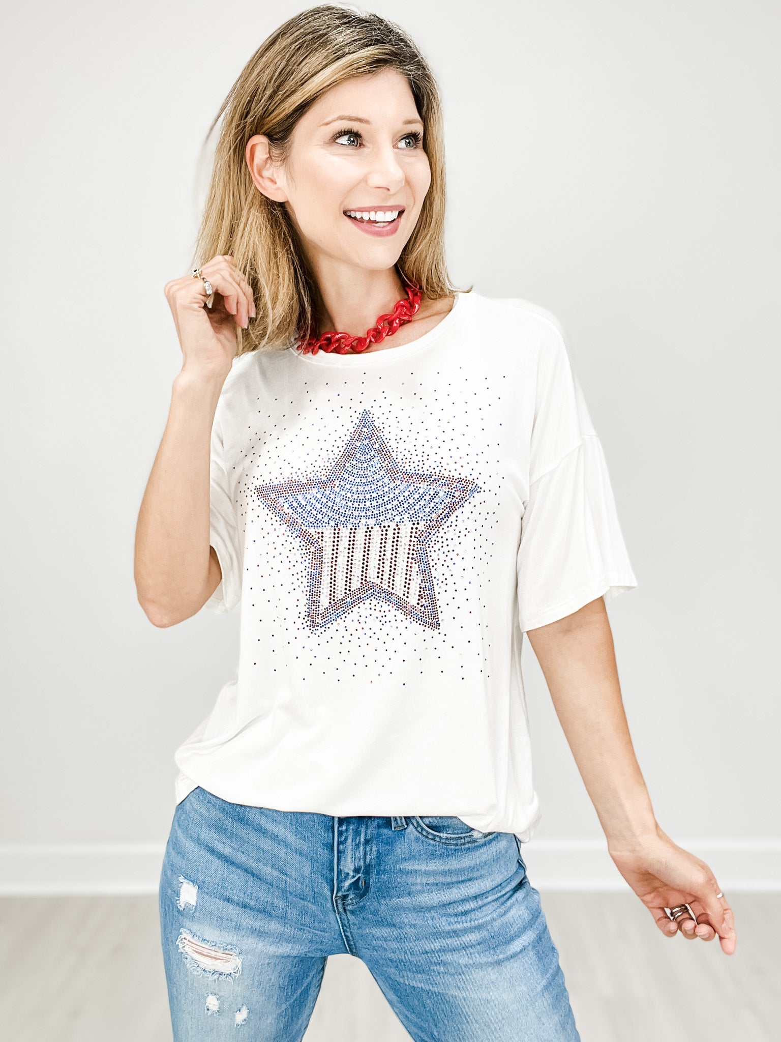 Short Sleeve Rhinestone Flag Star Top