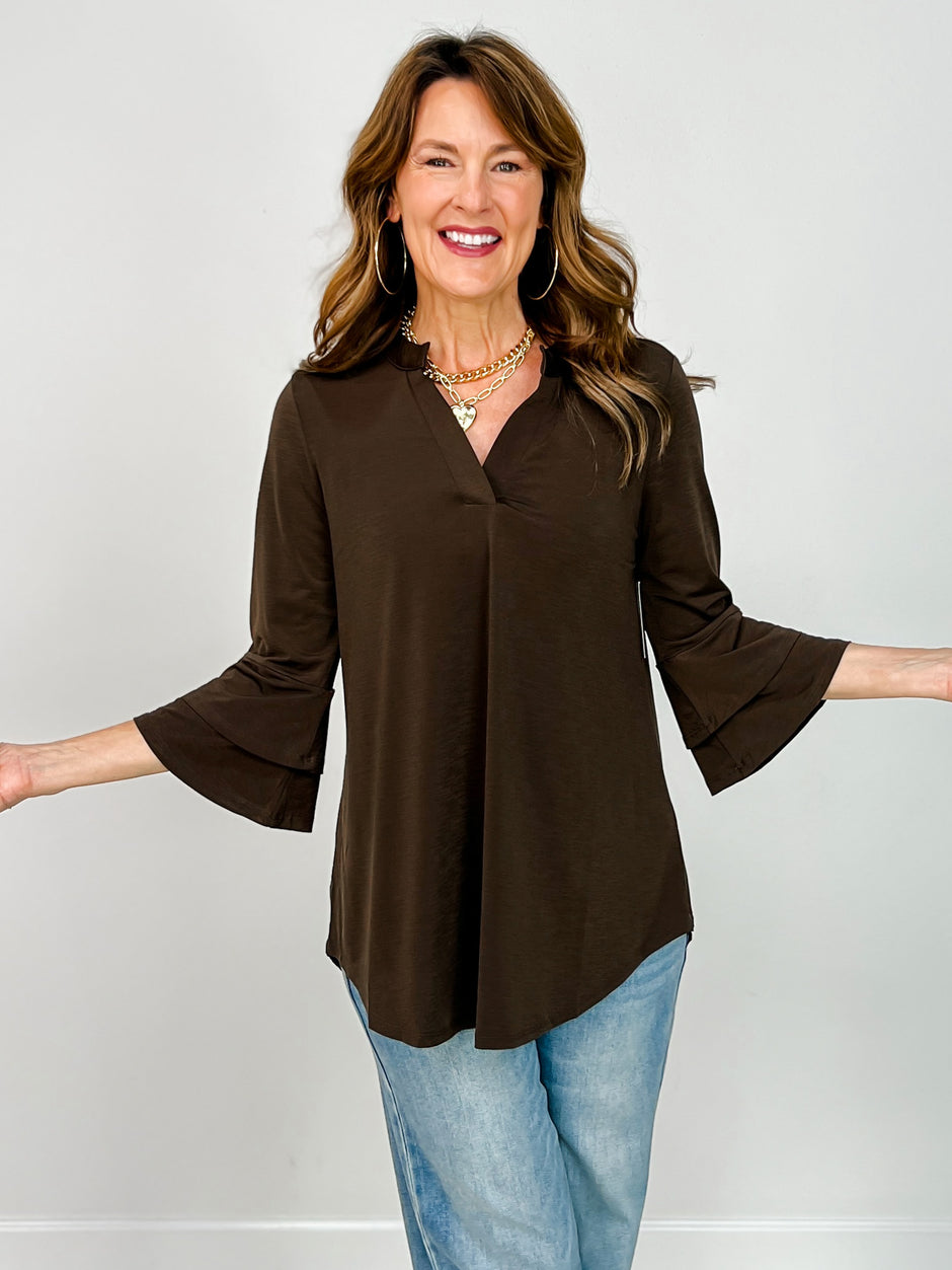 Solid Lizzy 3/4 Bell Sleeve Top in Chocolate