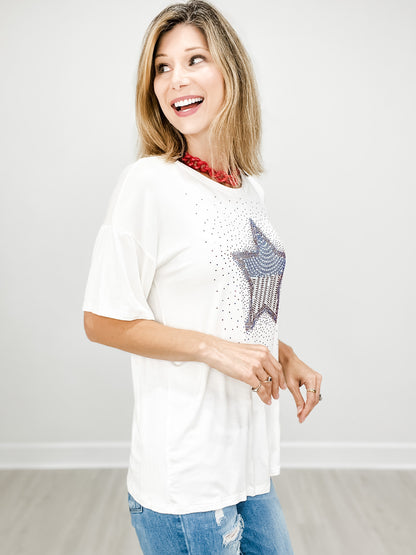 Short Sleeve Rhinestone Flag Star Top